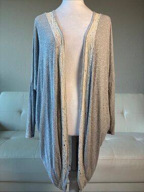 Alya Light Gray Open-Front Women's Sweater Cardigan with Floral Lace Accents